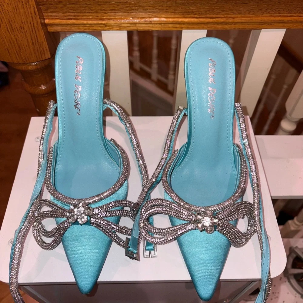 Public Desire blue Satin Rhinestone Heels (ankle wrap around) (comes with box) - Picture 1 of 3
